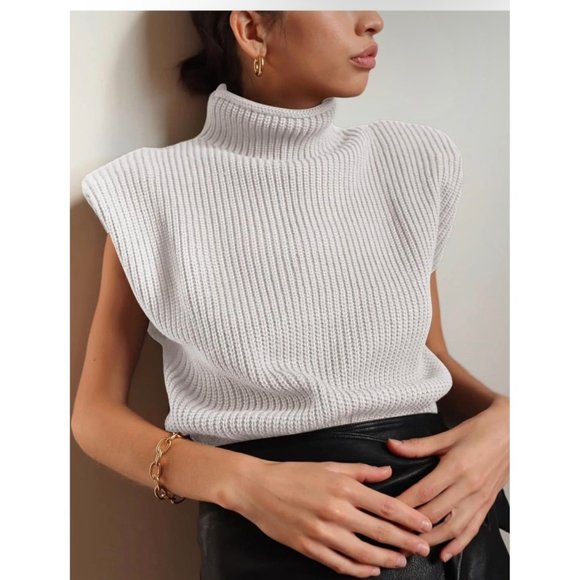 Huaqiao Women's High Neck Knit Sweater Vest Padded Shoulder Turtleneck - Picture 3 of 10